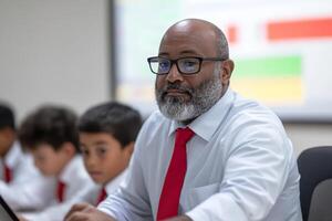 educador guías estudiantes durante salón de clases sesión en importante temas foto