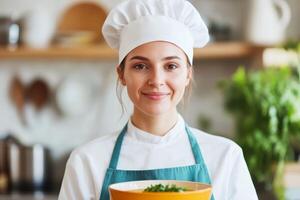 Young chef in a modern kitchen holds a bowl of fresh ingredients while smiling at the camera photo