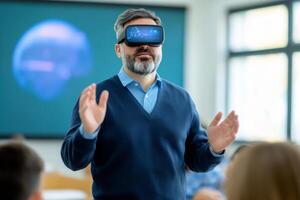 Educator uses virtual reality headset to engage students during interactive lesson in classroom photo