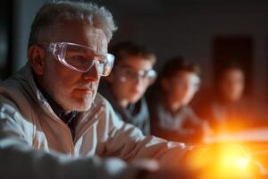 Elderly teacher demonstrates experiment to engaged students in a classroom during evening hours photo