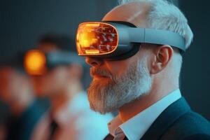 Group of professionals engaging with advanced virtual reality technology at a tech event in the evening photo