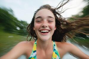 Joyful girl on a summer day enjoying a thrilling ride while splashing through water at a lakeside location photo
