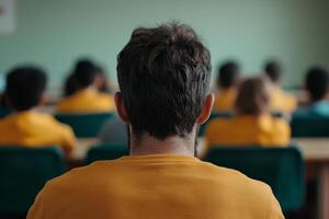 Students in yellow shirts focus during a class in a classroom setting with green walls and wooden desks in the morning photo