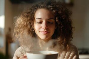 Warm morning ritual of sipping a steaming bowl of soup while reflecting in a cozy kitchen photo