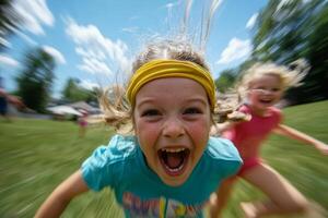 Children joyfully playing outdoors in summer sunshine while running and laughing in a vibrant park setting photo