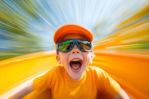 Joyful child enjoying a thrilling slide at a bright outdoor playground on a sunny day photo