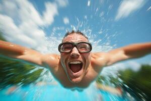 emocionado nadador salpicaduras mediante agua en un brillante día en un piscina durante verano divertido foto