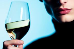 Elegant person holding a glass of white wine against a soft blue background in an intimate setting photo