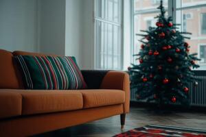 Cozy living room decorated for Christmas with a tree and festive ornaments in a warm, inviting setting photo