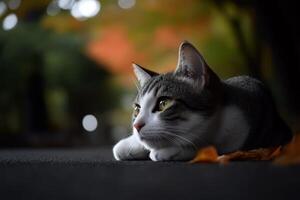 Lying quietly on the ground, a cat watches the world in a tranquil autumn setting photo