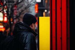 Man in black jacket observing neon-lit street in urban setting during nighttime in a busy city atmosphere photo