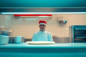 Chef wearing a festive hat prepares meals in a busy kitchen during the holiday season photo
