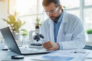 Scientist conducts research with microscope in modern laboratory environment during daylight photo