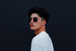 Young man wearing sunglasses poses confidently against a dark background photo