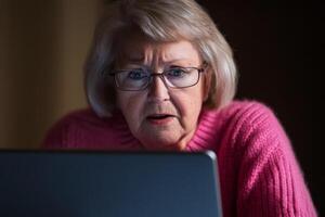 Senior woman with glasses looking concerned while using laptop in dimly lit room during evening hours photo