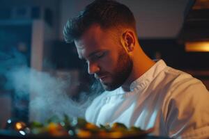Young male chef focuses on his culinary creation in a modern kitchen during evening meal preparation photo