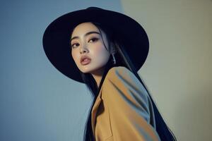 Fashionable young woman in a stylish hat posing against a minimalist backdrop during an indoor photoshoot photo