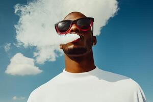Man exhaling vapor while wearing oversized sunglasses against a blue sky with clouds during a sunny day photo
