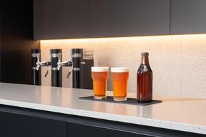Refreshing craft beers served in a modern kitchen with sleek design and soft lighting photo