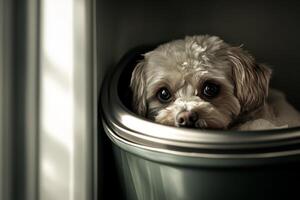 Small dog peeking out from a trash can in a cozy indoor environment during a quiet afternoon photo