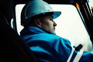 Construction worker drives heavy machinery during overcast day in urban area nearing sunset photo