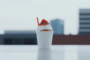 Delicious dessert with whipped cream and strawberry on a table against an urban backdrop photo