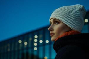 Young woman in winter attire gazes thoughtfully at the city skyline during twilight photo