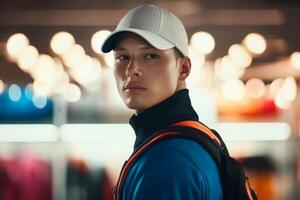 Young man wearing cap and backpack looks over his shoulder in a bright retail environment with colorful clothes displayed photo
