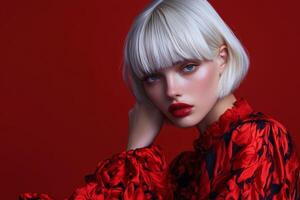Model poses with striking red lipstick and floral attire against a bold red background photo