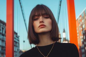 Portrait of a young woman posing confidently in front of a city bridge during sunset photo
