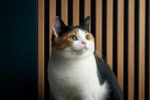 Cat with striking coat poses elegantly against a wooden backdrop in a softly lit indoor setting photo