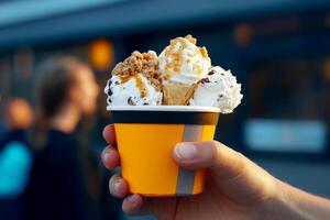 Hand holding a colorful cup of ice cream topped with nuts and caramel in a busy outdoor location during the day photo