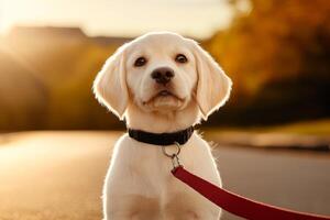 Cute white puppy sitting on a leash during a golden hour walk in a quiet neighborhood photo