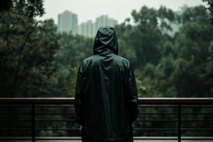 Person in a dark raincoat gazing at a lush forest with city skyline in the background on a rainy day photo