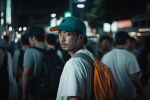 Striking portrait of a man with an orange backpack in a busy urban street at night photo