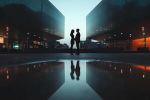 Silhouetted couple in urban setting during twilight, reflecting on still water beneath their feet photo