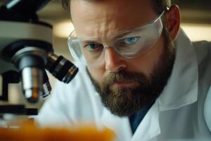 A focused scientist in a lab coat examines a sample closely using a microscope. photo