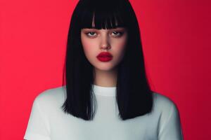 Portrait of a woman with sleek black hair and bold red lips against a bright red background photo