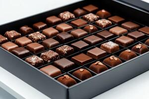 Assorted chocolates arranged neatly in a black box showcasing various textures and flavors photo