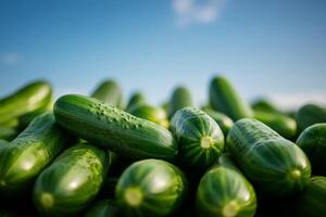 Freshly harvested cucumbers piled under a clear sky in a farm field during summer daylight hours photo