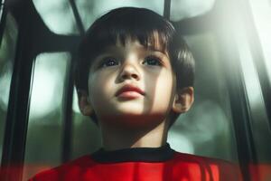 Young child gazes thoughtfully through a window during a sunny afternoon in a serene indoor setting photo