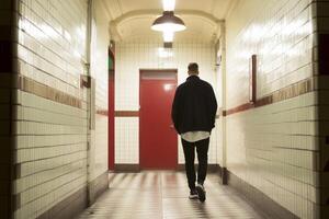 Man walking down a tiled hallway with red door in a modern building during evening photo