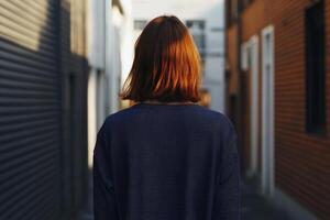 Person walking down a narrow alleyway with sunlight illuminating hair in an urban environment during late afternoon photo