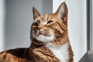Brown tabby cat resting in sunlight near window with gentle shadows and a peaceful expression on a quiet afternoon photo