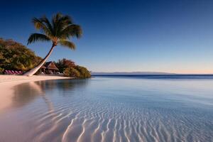 Tranquil beach with palm trees and calm waters at sunset in a tropical paradise photo