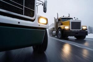 Heavy trucks navigate a snowy road during winter, highlighting the challenge of driving conditions photo