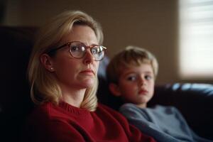 Mother and child sharing a quiet moment at home during a relaxed afternoon on the couch photo