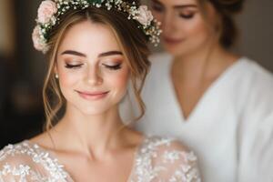 Bride with floral crown smiles while a friend prepares her for the wedding ceremony in a soft, elegant setting photo