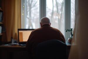 Old man working on laptop in cozy indoor workspace during snowy winter morning photo