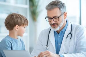 Doctor interacts with young boy during a health checkup in a bright medical office setting photo